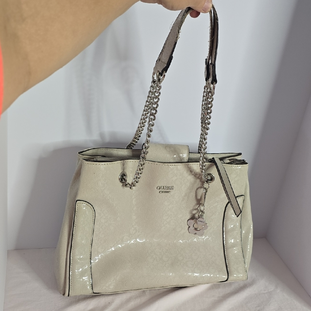 Guess Ivory Shoulder Bag with Silver Chains